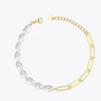 High Quality 18K Gold Plated Stainless Steel Half a String of Pearls and half a Chain Bracelets B192069