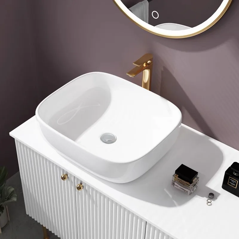 product wholesale luxury floor standing bathroom cabinet soild wood curved bathroom vanity set with round mirror-8