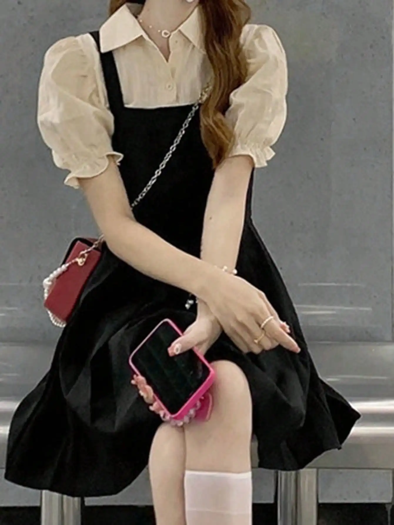 Shop Women's Korean Style Black Pleated Dress - Casual & Kawaii