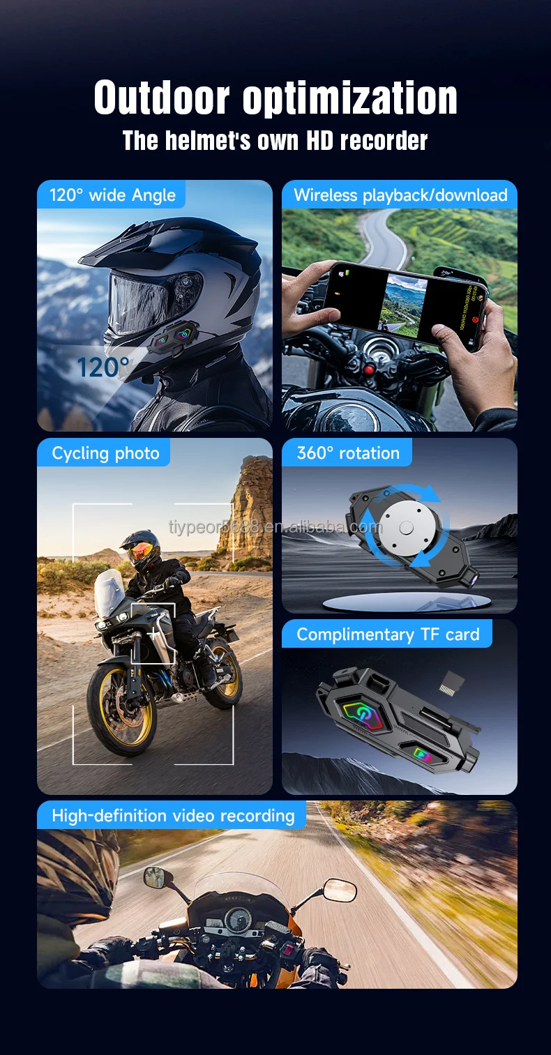 product tiypeor bluetooth hd camera recorder rgb colors motorcycle tf card fm radio 360 rotatable tape light motorcycle helmet headset-3