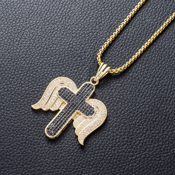 Guardian black cz diamond cross with angel wing necklace pendant men