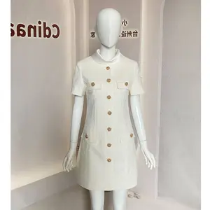 Fashion Party High Quality Socialite Short Tweed White Casual Dresses 2025 New SP Button Classic Short Elegant Women Dress