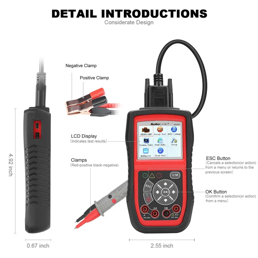 Autel AutoLink AL539B OBD2 Scanner Automotive Electrical Tester ODB2 Code Reader OBD 2 Diagnostic Tool for Battery test PK Al519