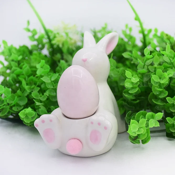 Happy Easter Dolomite Easter Ornament Cute Easter Bunny Egg White Rabbit Desktop Porcelain Figurine for Home Decoration Indoor