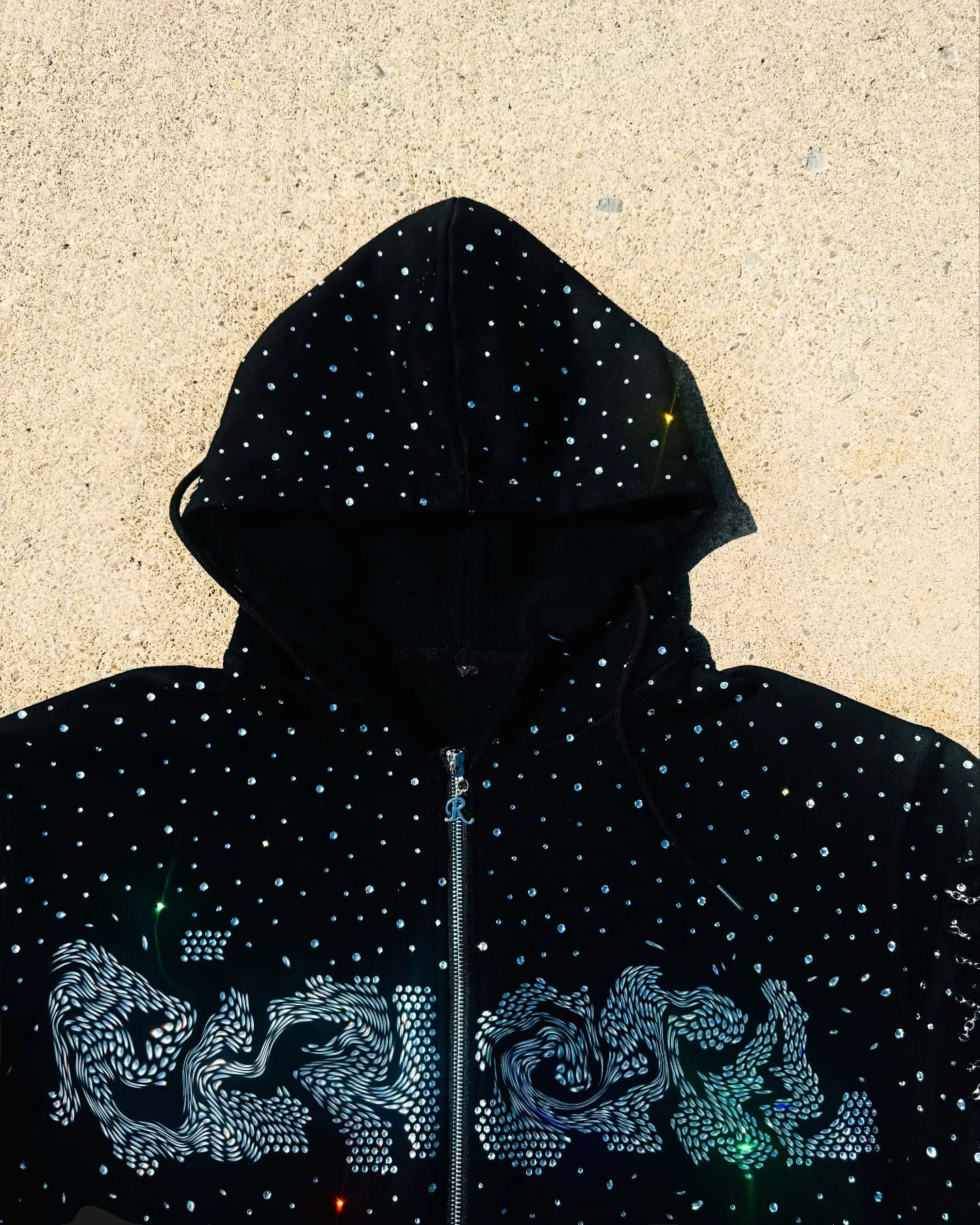 Custom Mens Cropped Zipup Hoodie Crystal Rhinestones All Over Hoodies Distressed Logo Baggy Boxy Zip up Rhinestone Hoodie gallery 4