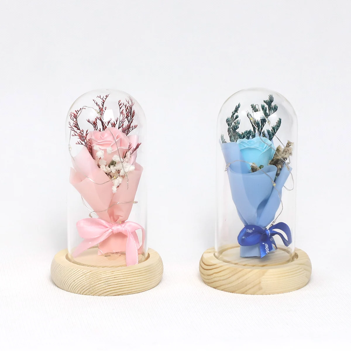 Christmas Valentine's Day Creative Gifts Eternal Flowers Dried Flowers Preserved Soap Flowers Bouquet With Dome and LED Light