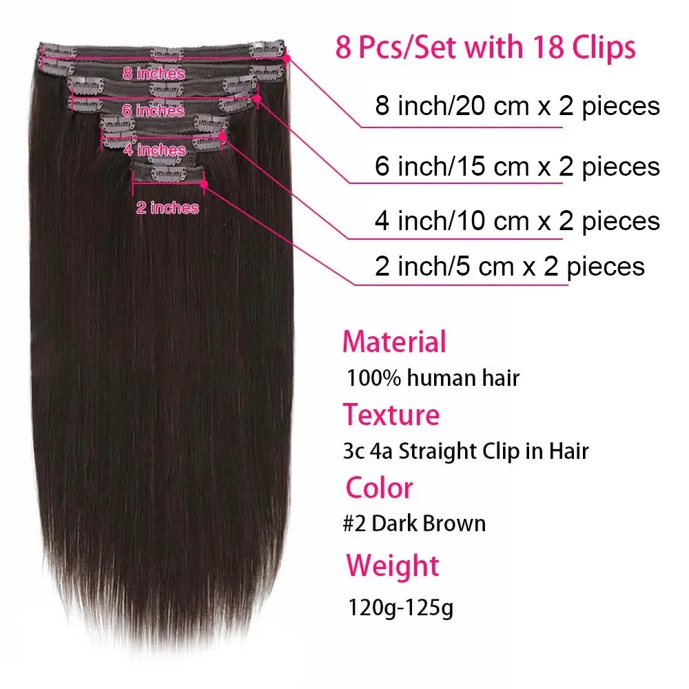 Clip In Hair Extensions Dark Brown Real Human Hair Brazilian Virgin 8Pcs Remy Hair For Women_voghion.com