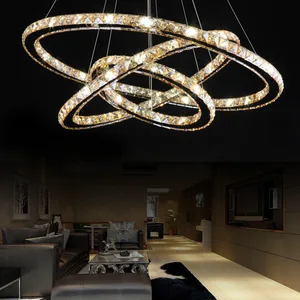 Zeal Lighting Staircase Hanging Stainless Steel Gold Luxury Rings Crystal Pendant Warm Light for Living Room