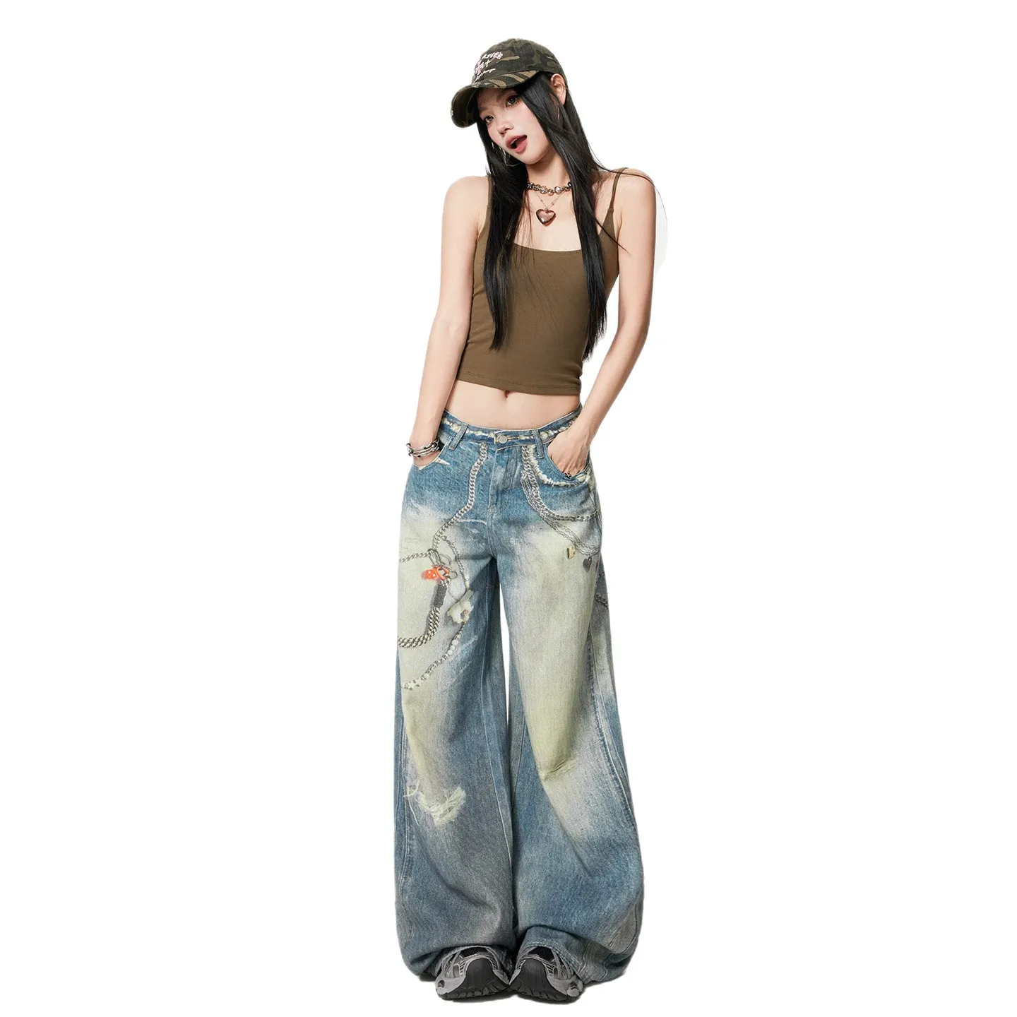 Vintage High-Waisted Distressed Chain Print Denim Wide-Leg Jeans Women Spring Autumn Loose Slimming Floor-Length Quick Dry