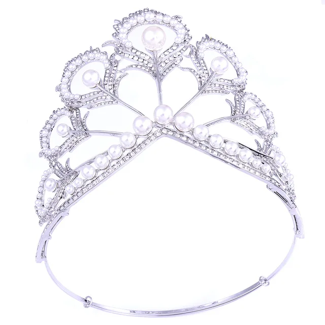 European and American Rhinestone Bride Crown Alloy Peacock Feather Pearl Large Crown Wedding Dress Accessories Crown Tiara