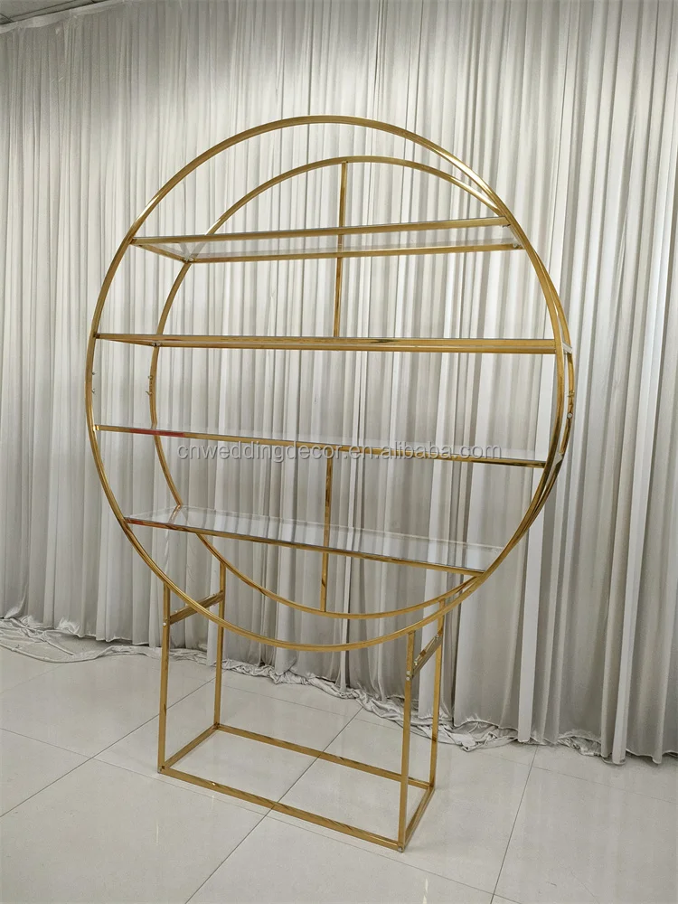 Smooth  Design Backdrop Wall High Glass Round Gold Metal Dessert Wine Shelf Rack Bar Cabinet for Wedding Event Decoration