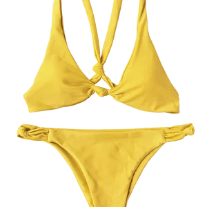 2026 New Women's Yellow Crisscross Halter Bikini Set Sexy High Cut Swimsuit with Custom Logo Waist Logo for Beach Sportswear