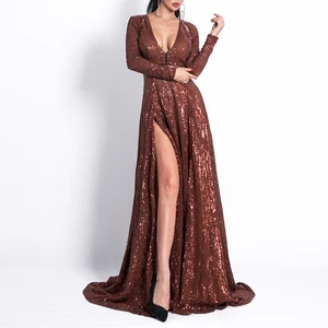Hot Sale OEM Sexy Vintage Ball Gown Floor-Length Evening Dress with Deep V Cutout Pleated Split Sequin