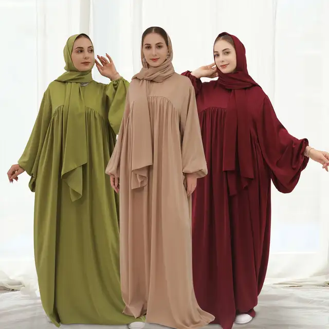 Fashion Maxi Loose Kaftan Long Sleeves Plain Dubai Turkey Islam Clothes with Hijab Caftan Robe Abayas for Women Muslim