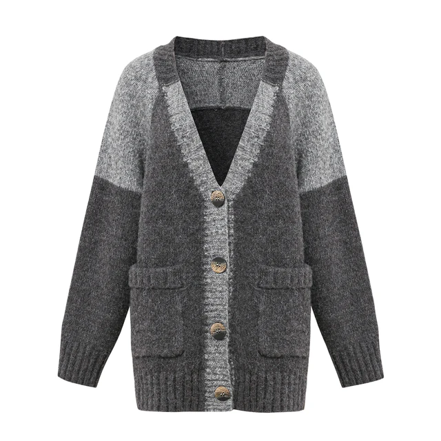 Women's Long Sleeve Cardigan Sweater Casual Loose V-Neck Thick Knit Draped Autumn and Winter Sweater Outerwear