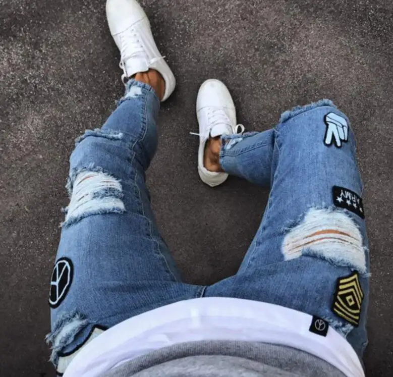 Four Seasons Youth Fashion Jeans Men's Tight Stretch Pencil Pants Denim Cotton Frayed Sports Letters Trousers Badge Men's Pants