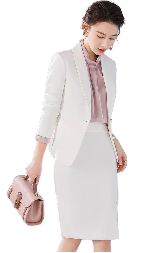 Women's Vintage 2-Piece Business Suit Set Coated Puff Sleeve Blazer Jacket  and Nylon Lined Woven Polyester Skirt for Fall