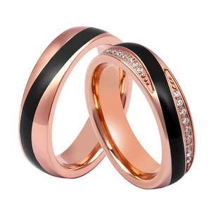 Rose Gold Plated Titanium Trendy Her King His Queen Couple Eternity Band Ring Set with Black Enamel