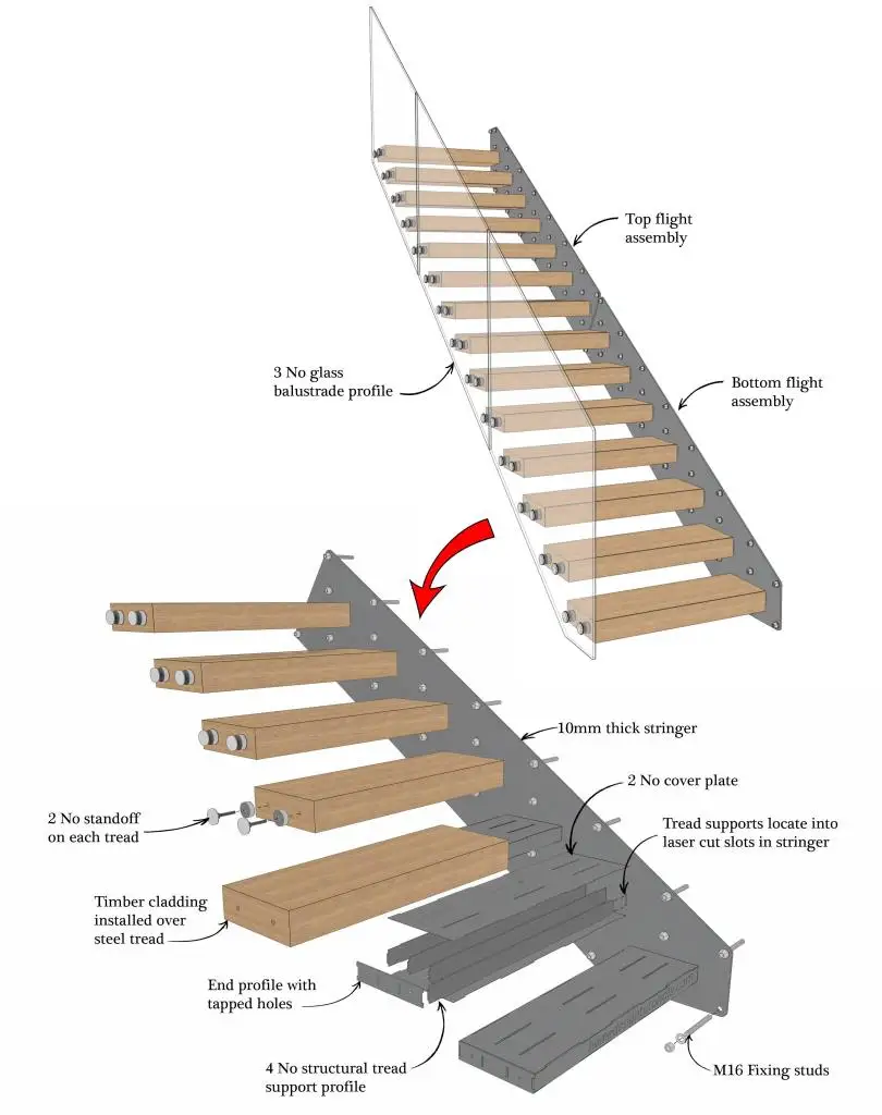 American Modern Standard 12mm Floating Stairs Beam Solid Wood Tread 80mm With LED Light With Standoff Railing Straight Staircase details