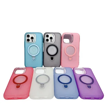 Jelly colors 360 Rotation Stand Phone Cover Electroplated Metal Bracket For iPhone 15 Pro Max With magnetic wireless charging