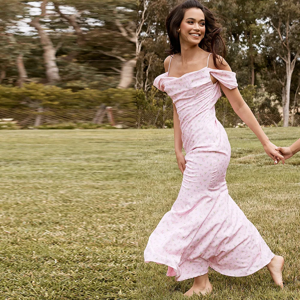 Vestido largo un hombro asimétrico con hombros descubiertos casual  rosa-amarillo - Vestidos Maxi - Vestidos