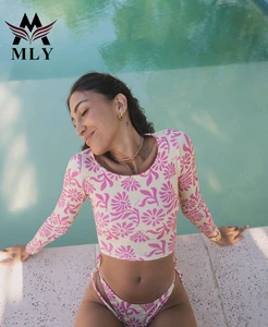 MLY OEM Digital Printing Long Sleeve Surfing Wear Women Beach Wear SwimSuit Plus Size OEM Suit Sexy Cut Out Two Piece Swimsuit