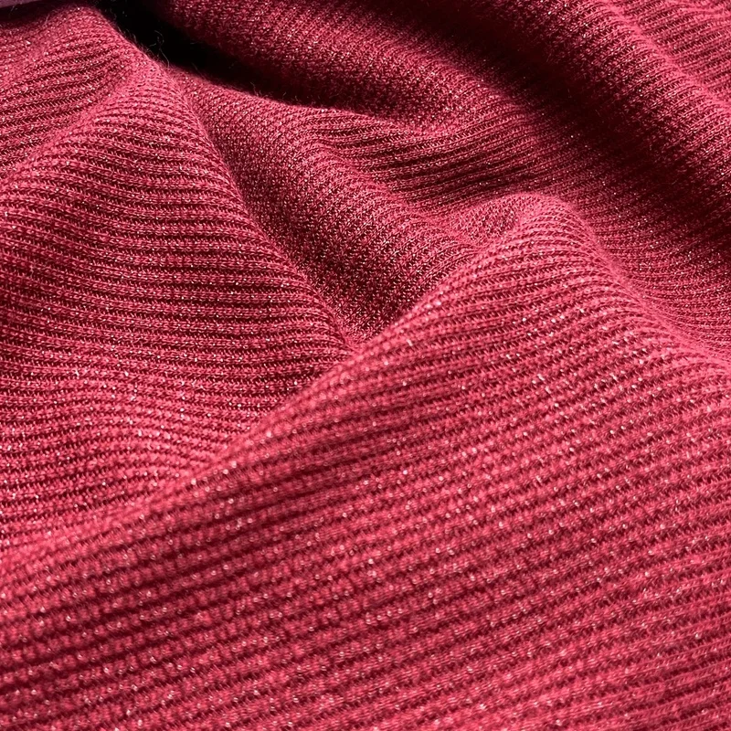 Модный Блестящий женский свитер 85% полиэстер 15% люрекс металлик на заказ трикотажная ткань в рубчик 2x2