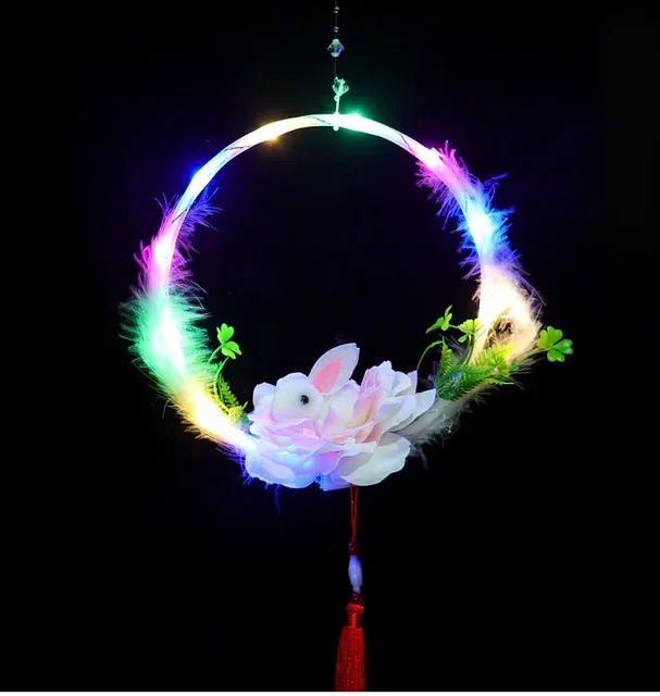 Chinese Jade Rabbit Glow-in-the-Dark Handheld Lantern Flower Feather Tassel Lantern Light Up Rabbit Toys Children's HolidayGifts