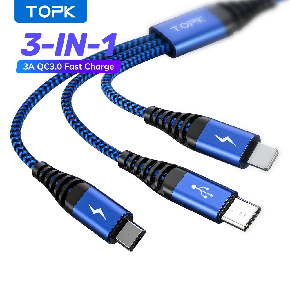 TOPK AN24 1,2 M 3A Быстрая зарядка 3 в 1 нейлоновый плетеный кабель Mirco USB Type C для передачи данных