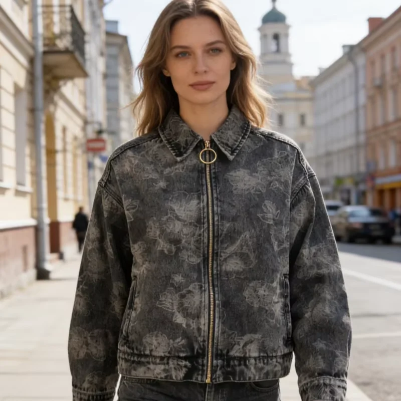 Vintage Washed Denim Jacket with Floral Print Zip up Turn Down Collar Casual Loose Fit Coat for Women