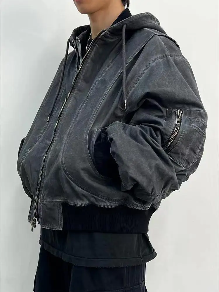 Custom Heavyweigh Duck Canvas Work Jacket With Hood Distress Cold Dyed Boxy Crop Workers Workwear Bomber Jacket Men