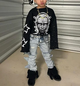 Custom Vintage Print Cropped Denim Girls Pants & Trouser Long Sleeve Rhinestone Crewneck Casual Knit Clothing Sets