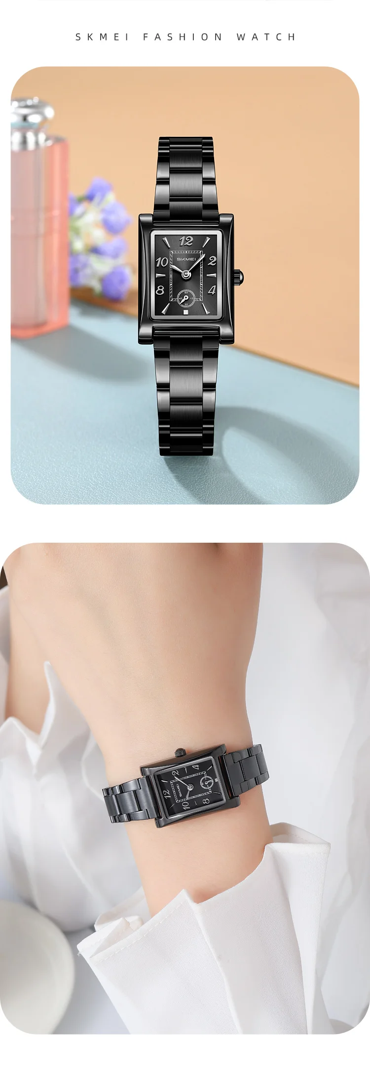 Skmei 2570 Elegant Fashion Women Quartz Watch Costume Stainless Steel Band Waterproof Rectangle in Stock Casual Watch Set