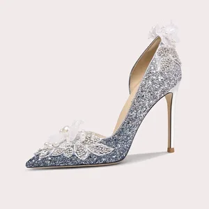 Women's High Quality Thin Heels Shoes for Women Pointed Toe Shiny Sequins Wedding Bride Ladies Banquet Shoes