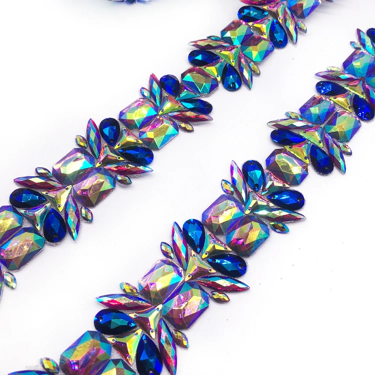 Multicolor Gel-back Iron on Trim Iridescent Hot Fix Rhinestone Trimming Applique for Carnival Kid Costume Design