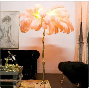 JACKSUN Luxury Natural Ostrich Feather Tree Shape Floor Lamp 120cm Sofa Bedside 35 Pcs Feathers Decor Standing Lamp
