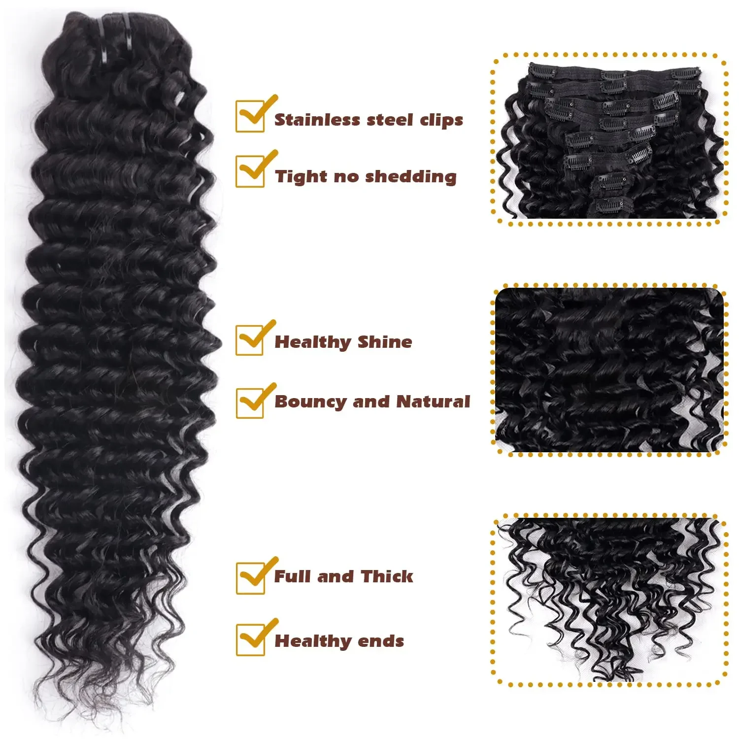 Echthaar Clip In Extensions Deep Wave Lockig Naturschwarz_voghion.com