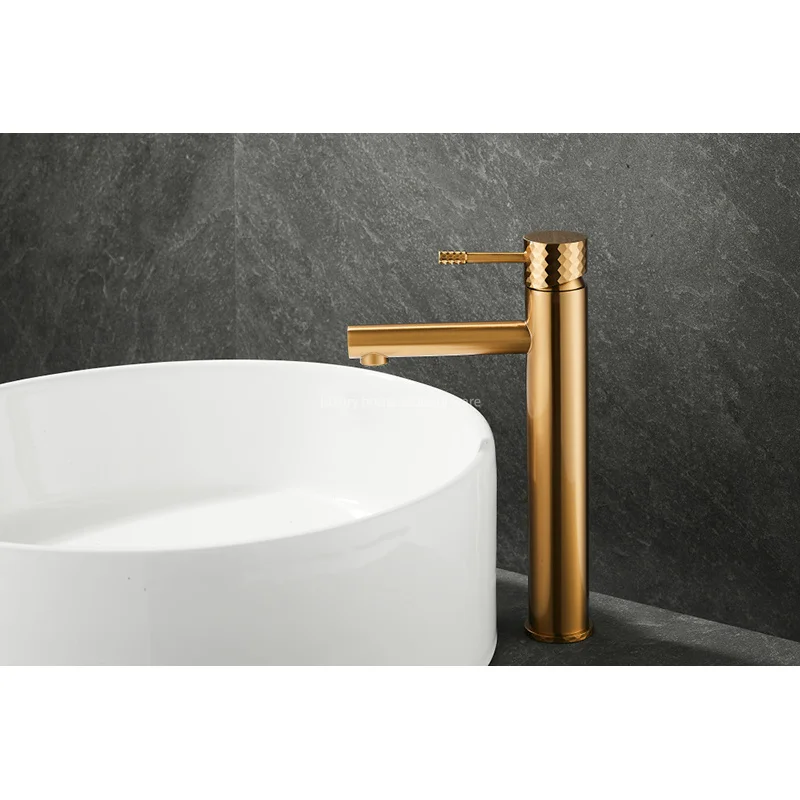 Hot-selling Basin with High Straight Mouth-carved Handle-brushed Gold Bathroom Faucet Hot and Cold Mixer