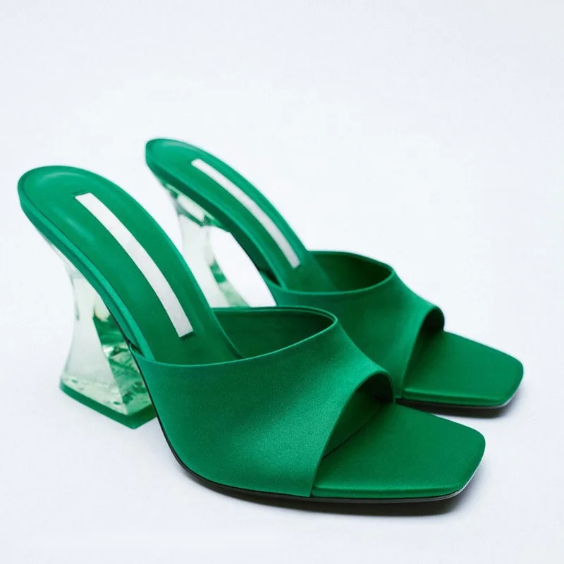 New Arrival Green Square Toe Triangle Thick Heels Pumps Shoes Anti Slippery  Transparent Silk Fashion Heel Fashion Women Sandals - Buy Green Fashion  Height Increasing Heeled Women Shoes Hard Wearing Silk Upper
