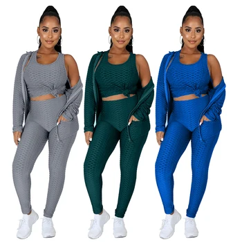 Fall 2021 Women Clothes Plus Size Vest Hooded Zipper Sweatshirt Yoga Pants Sports Three-Piece Suit