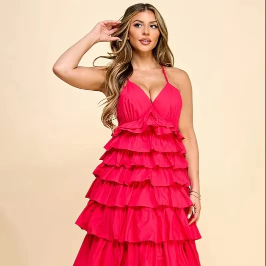 Elegant Ladylike Solid Red Dress V-neck Tiered Ruffles Sweet Style Casual Maxi Length High Waist Women Wear Spring Summer Galas - Image 1