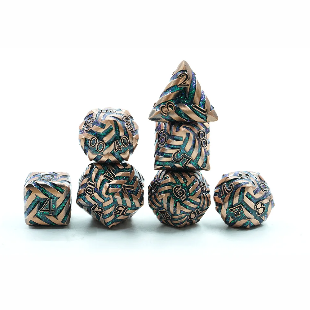 Copper-Colored Polyhedral Dice Set for DND Games Zinc Alloy Metal with Green Sparkling Mica Stripe and Black Number