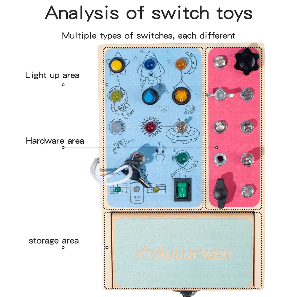 유아용 나무 감각 교육 완구 LED 및 드라이버 포함 바쁜 보드 몬테소리 완구 아기 집중력 향상 보드