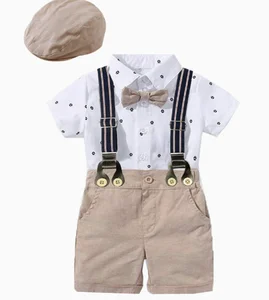 2026 Baby Boy Formal Romper Sets with Short Sleeve Summer Wedding Clothing for Toddlers Aged 3 6 9 12 18 24 Months Includes Hat