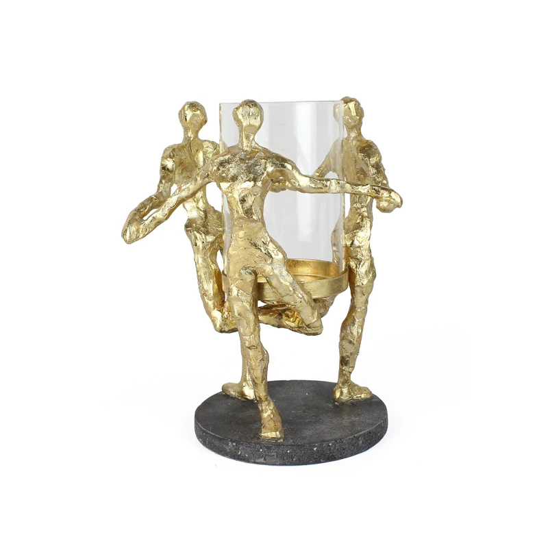 Wholesales Resin gold 3 Dancing Men Candle Holder Hurricane For Indoor Home Decor