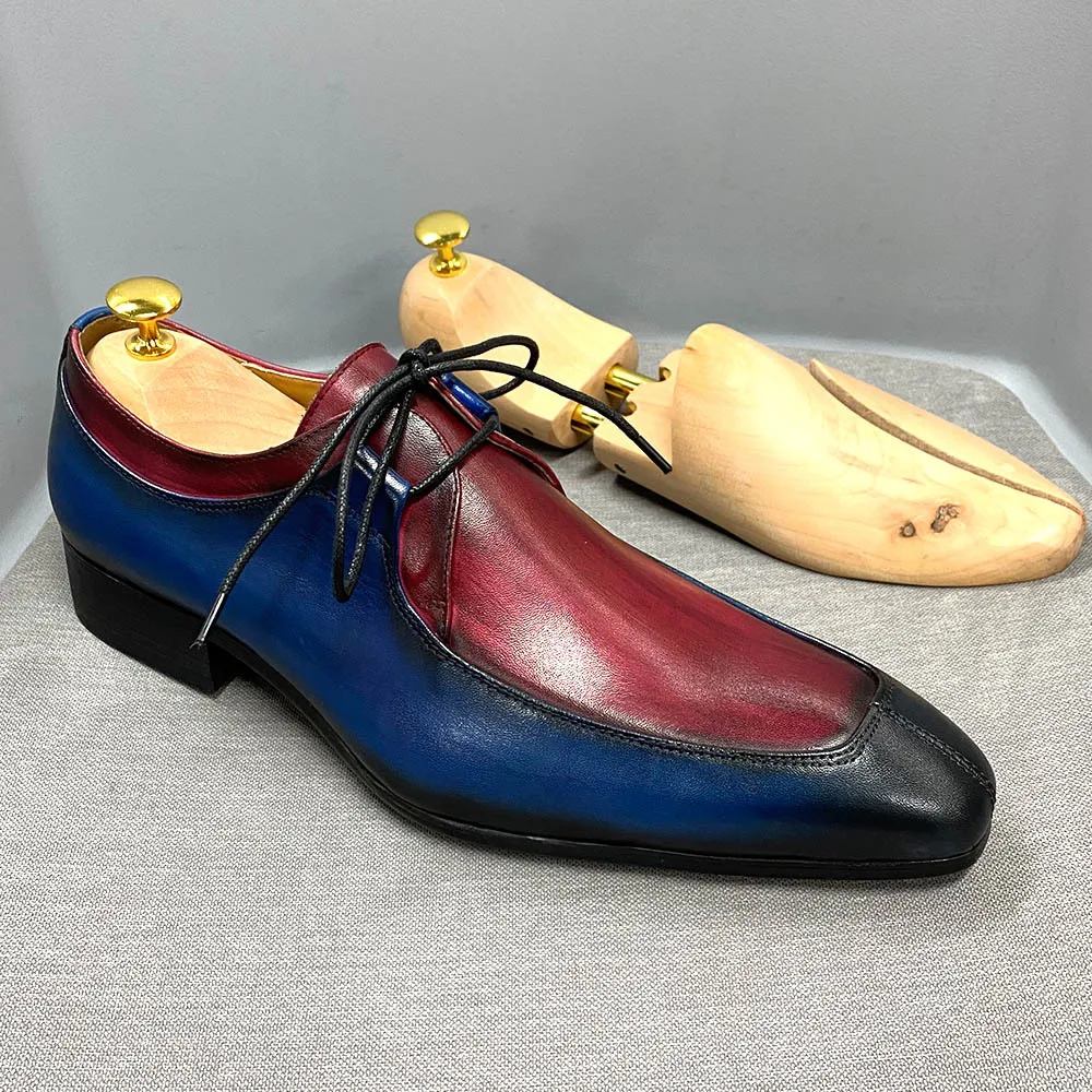 red and blue dress shoes F87-33 High Quality Dress Shoes Oxford Retro Blue-Red Color-block Genuine  Cowhide Leather Shoes Business Office Shoes for Men