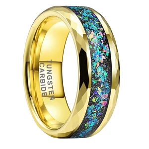 Coolstyle Jewelry 8mm Gold Plated Faceted Tungsten Ring for Men Women Galaxy Opal Inlay Fashion Jewelry Engagement Wedding Band