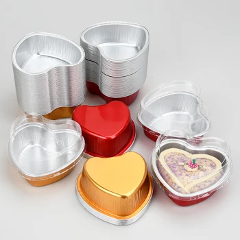 Laixin 50pcs Heart Cake Mold Aluminum Foil Mini Disposable Cupcake Pans With Lids 3.4 Ounces/100 Ml For Valentine's Day Wedding