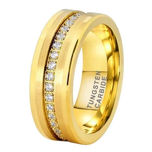 Coolstyle Jewelry 8mm Gold Tungsten Ring for Men Women Engagement Promise Wedding Band CZ All Around Stone Inlay Comfort Fit