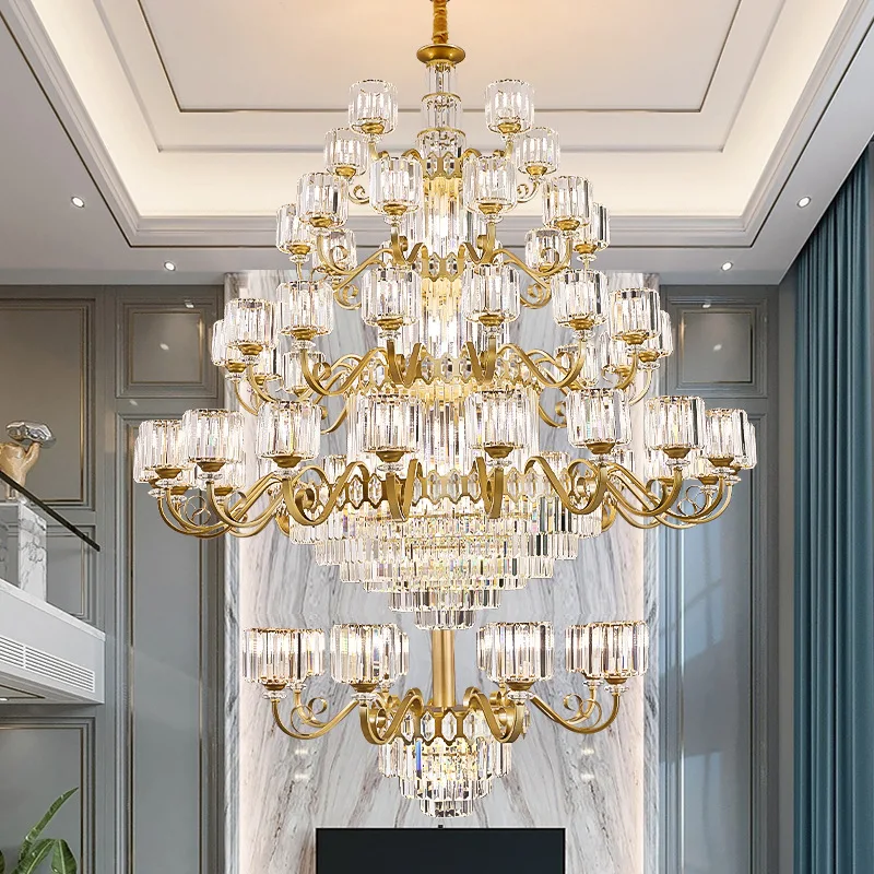 Crystal Chandelier for Duplex Villas & High-Ceiling Spaces Modern Minimalist Design LED Light Source Dimmable for Hotel Lobbies